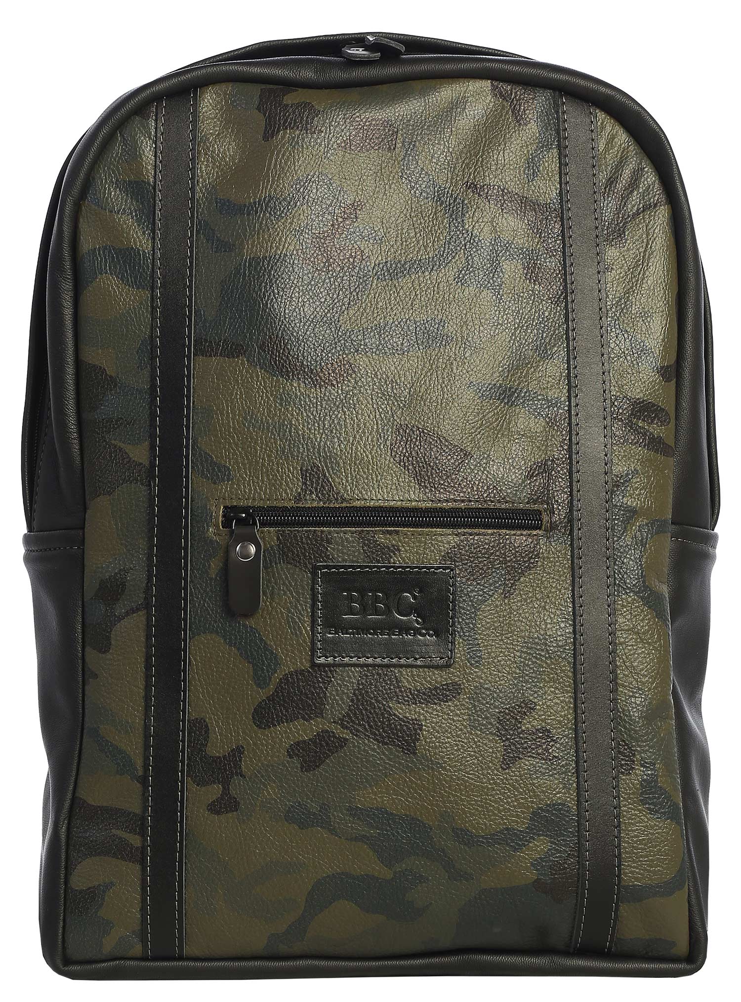 Full Grain Camo Leather Backpack with Black Stripes and Logo