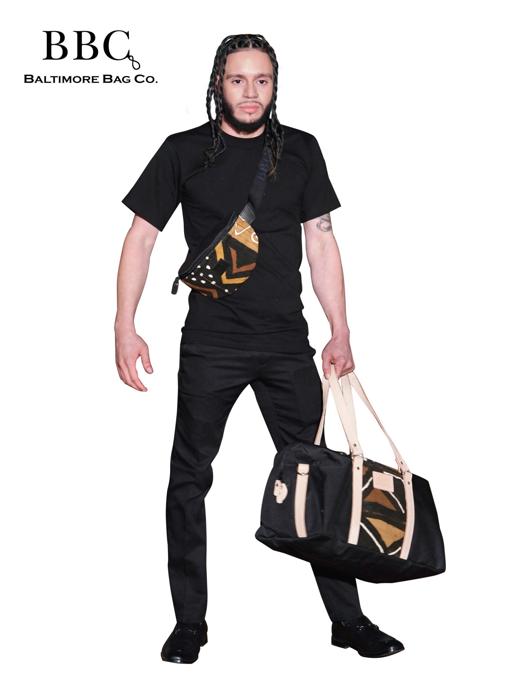 BBC Canvas Travel Bag with Leather and Handmade Mudcloth Detail