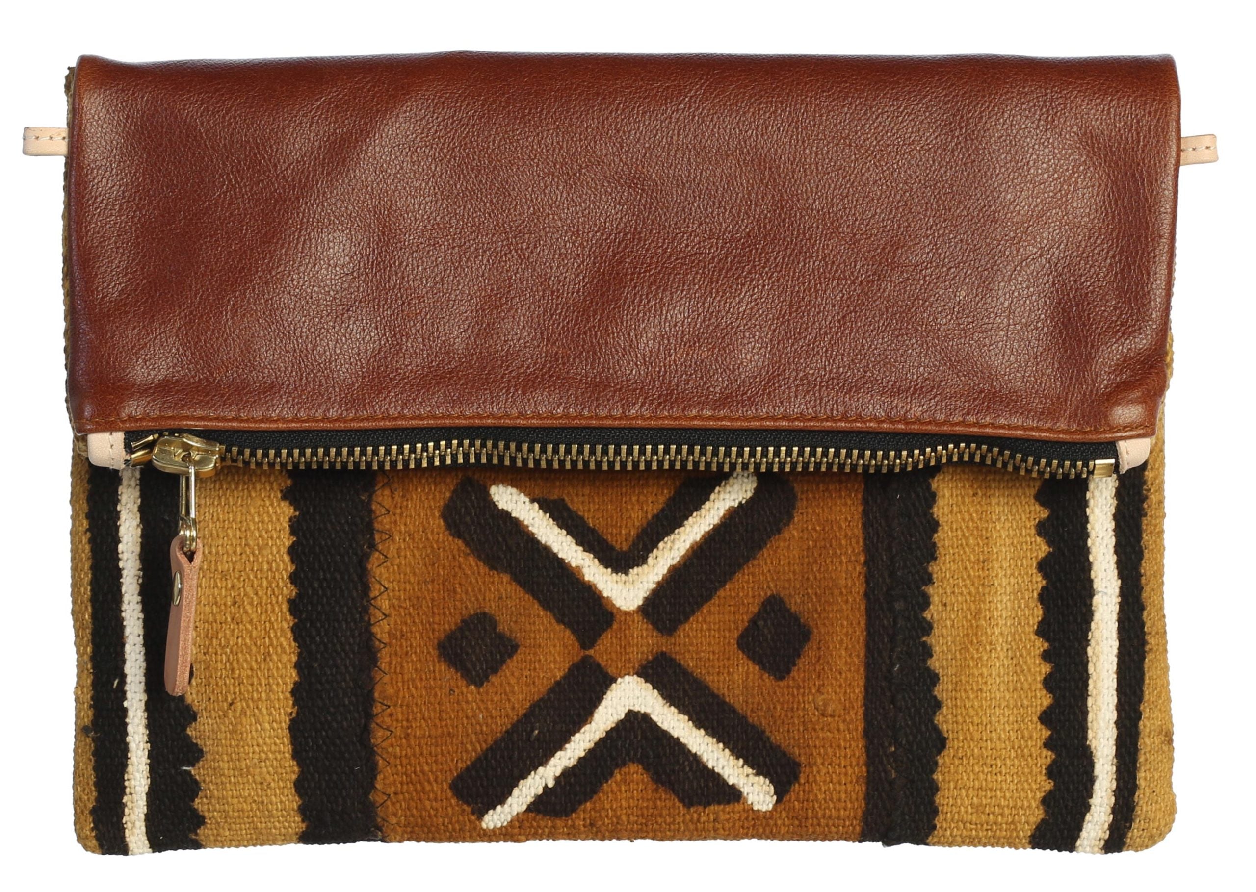 Fold Over Genuine Leather and Handwoven Mudcloth Clutch