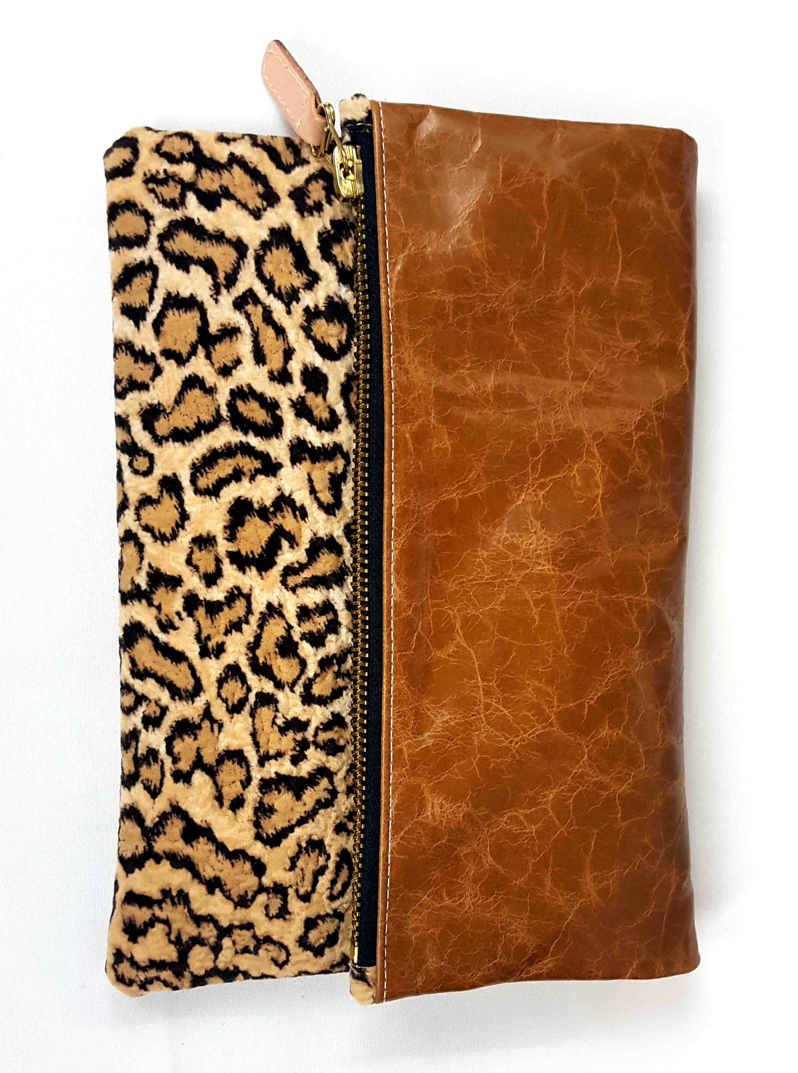 Fold Over Leather and Chenille Cheetah Print Clutch