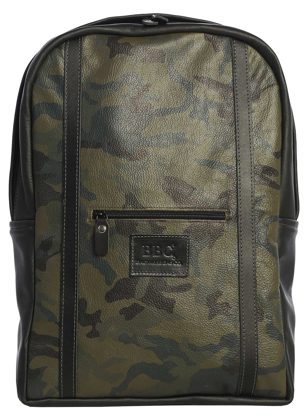 Full Grain Camo Leather Backpack with Black Stripes and Logo