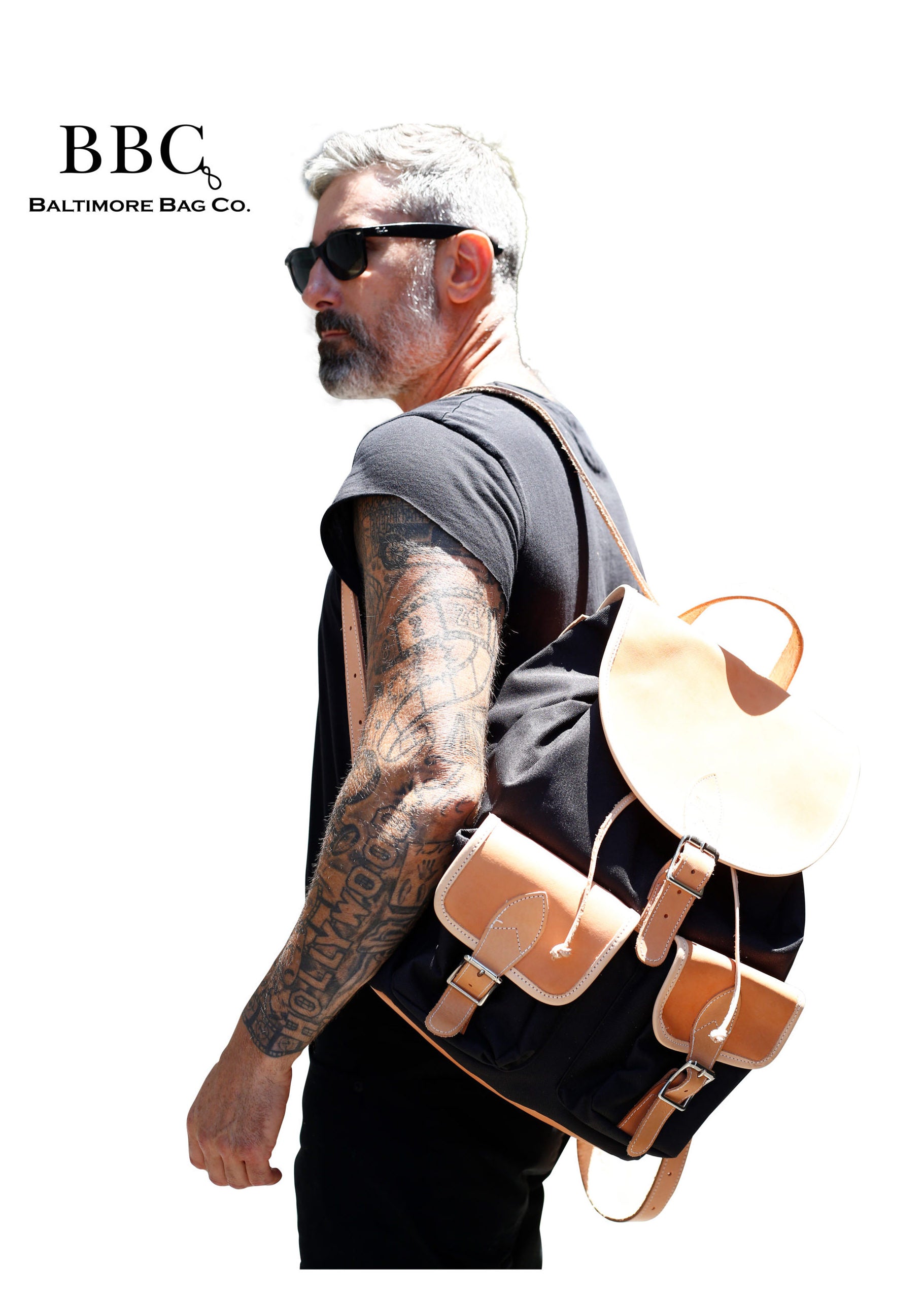Canvas Drawstring Backpack w Full Grain Leather Flap & Pockets
