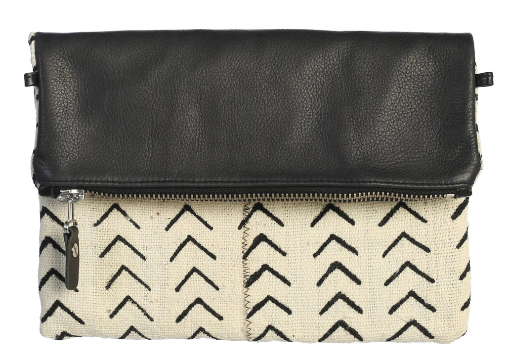 Fold Over Genuine Leather and Handwoven Mudcloth Clutch 