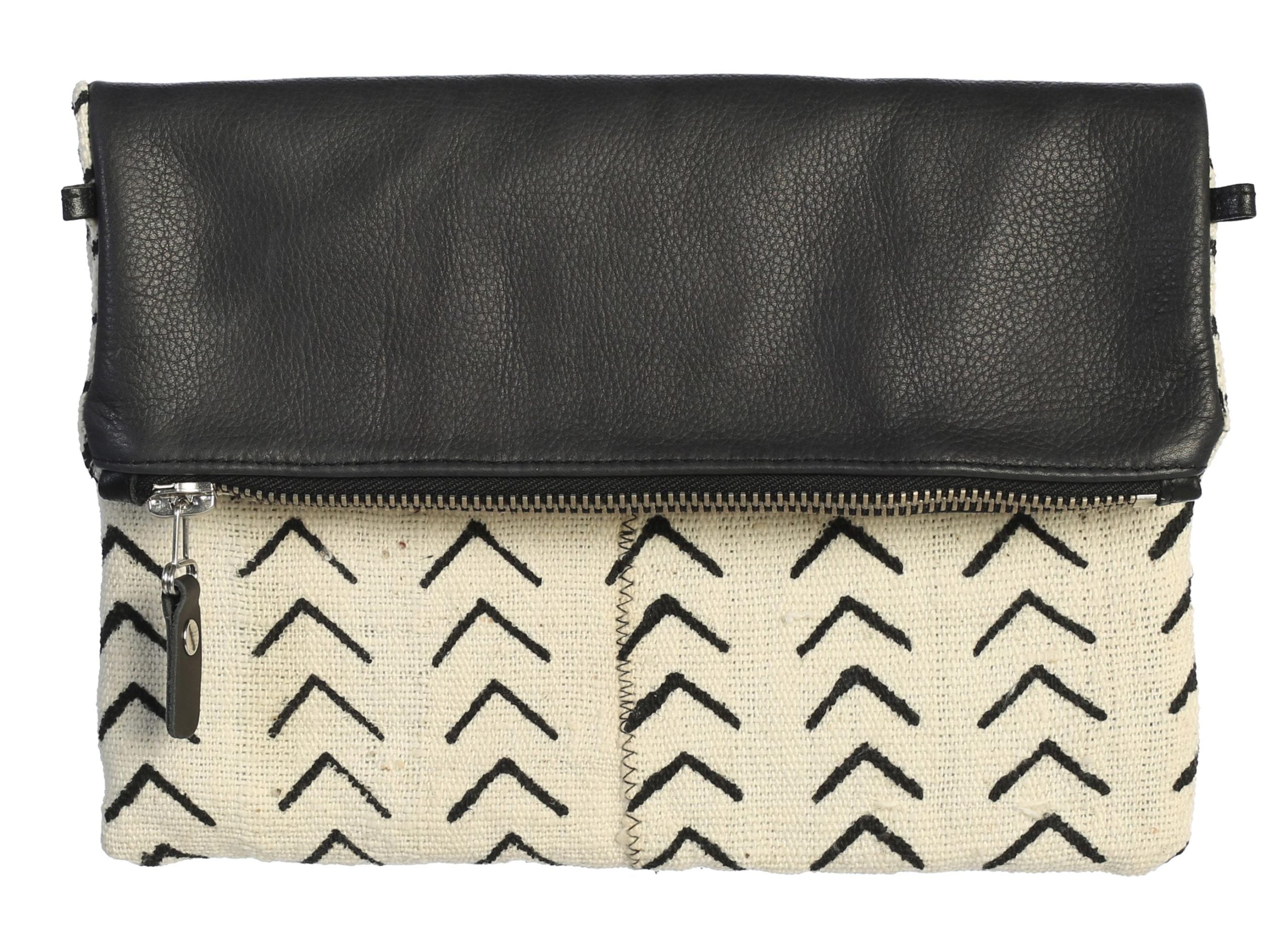 Fold Over Genuine Leather and Handwoven Mudcloth Clutch 