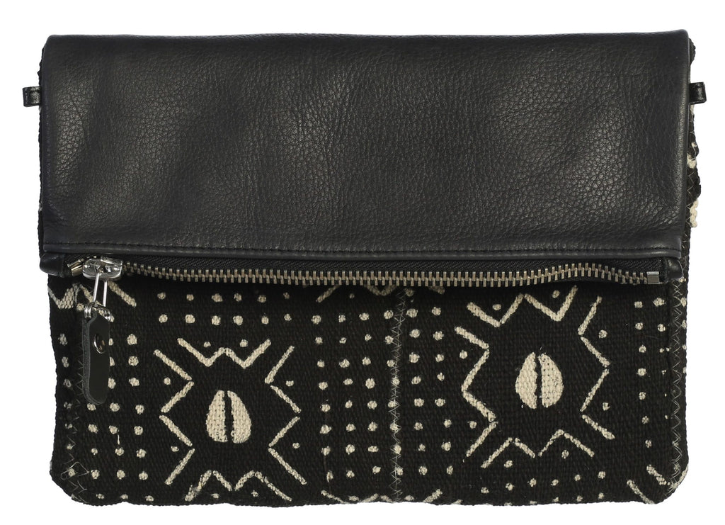 Fold Over Genuine Leather and Handwoven Mudcloth Clutch 