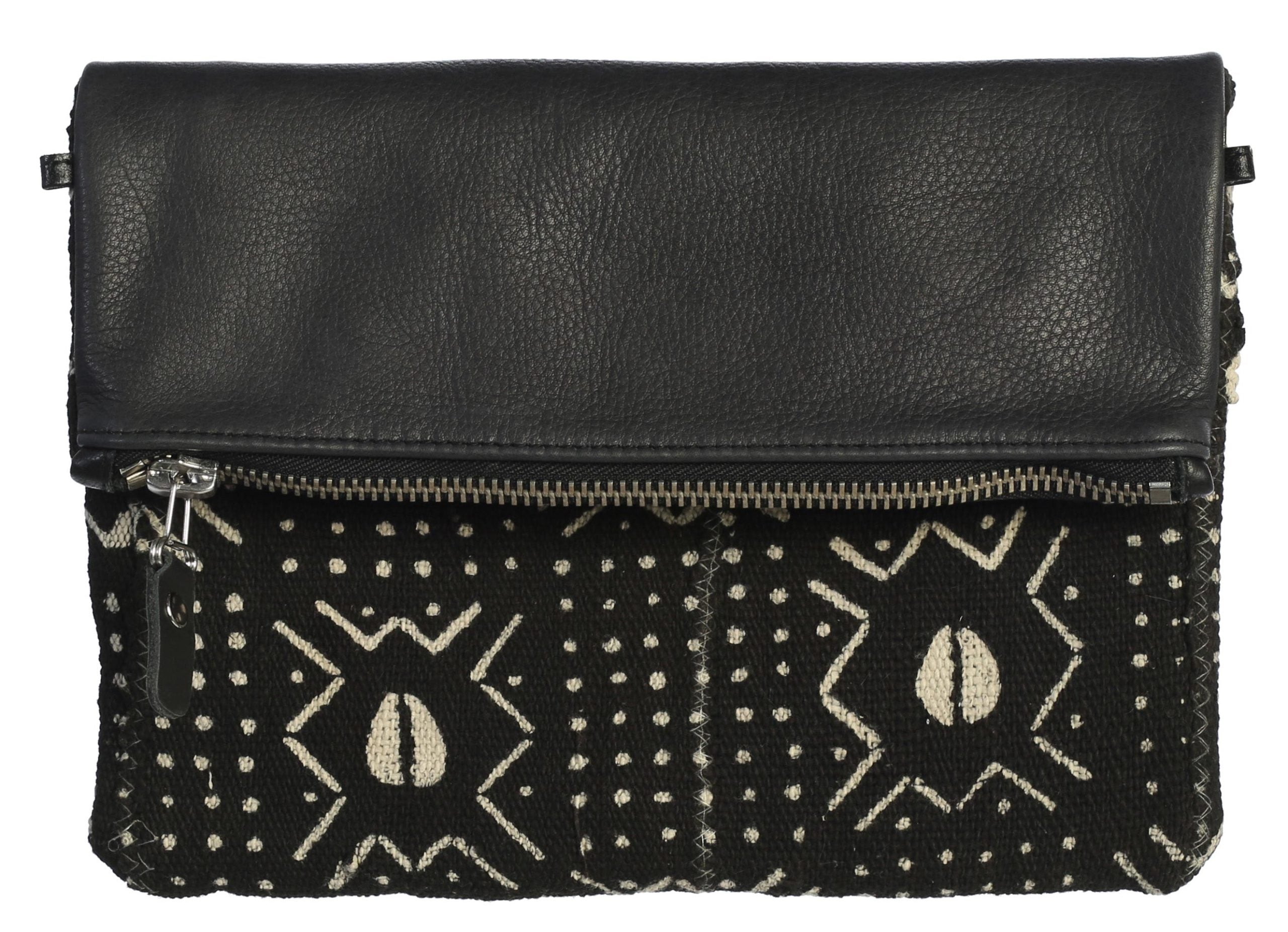 Fold Over Genuine Leather and Handwoven Mudcloth Clutch 