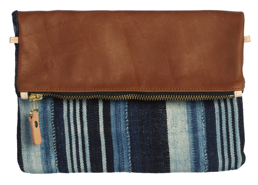 Fold Over Genuine Leather and Handwoven Mudcloth Clutch 
