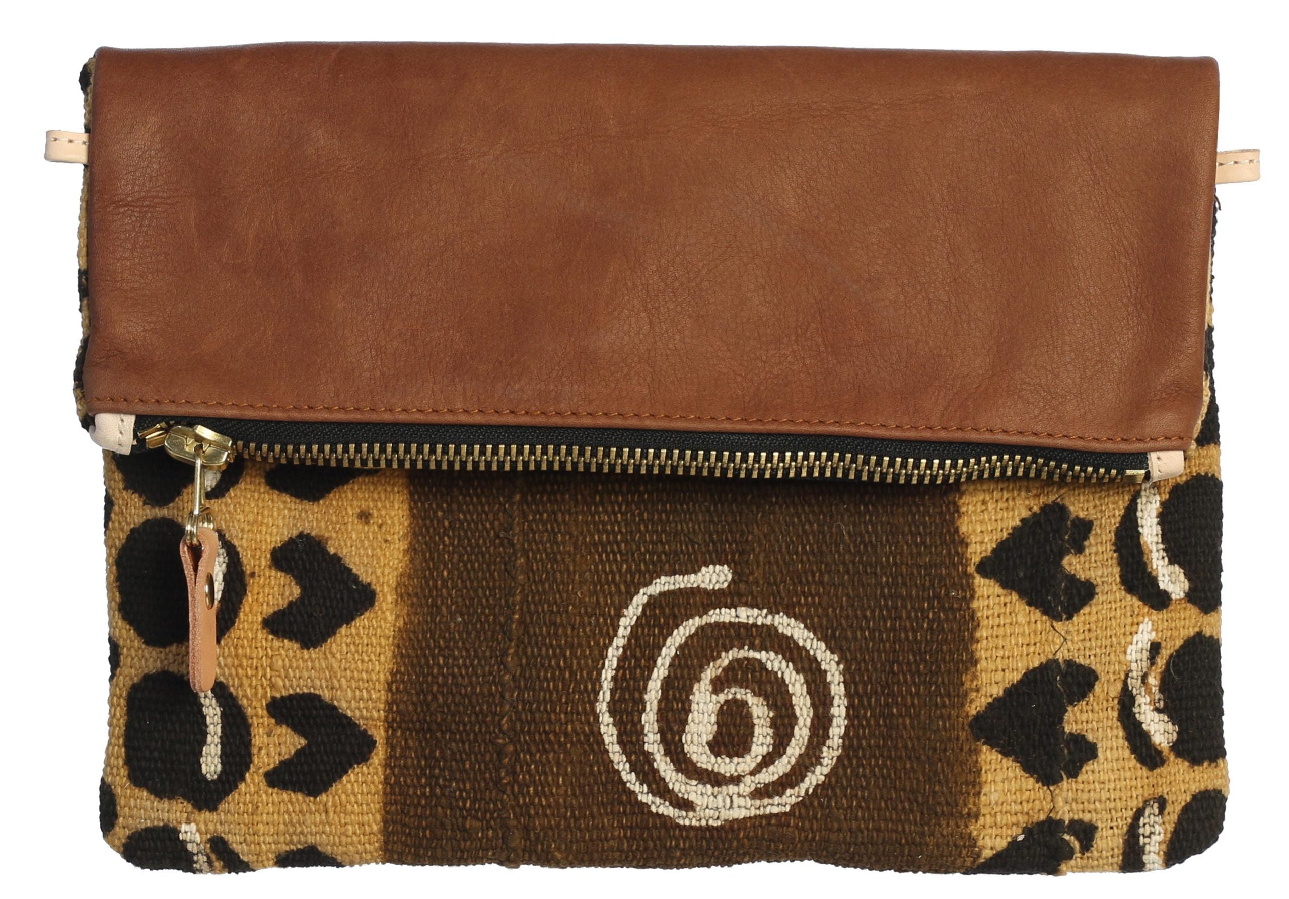 Fold Over Genuine Leather and Handwoven Mudcloth Clutch 