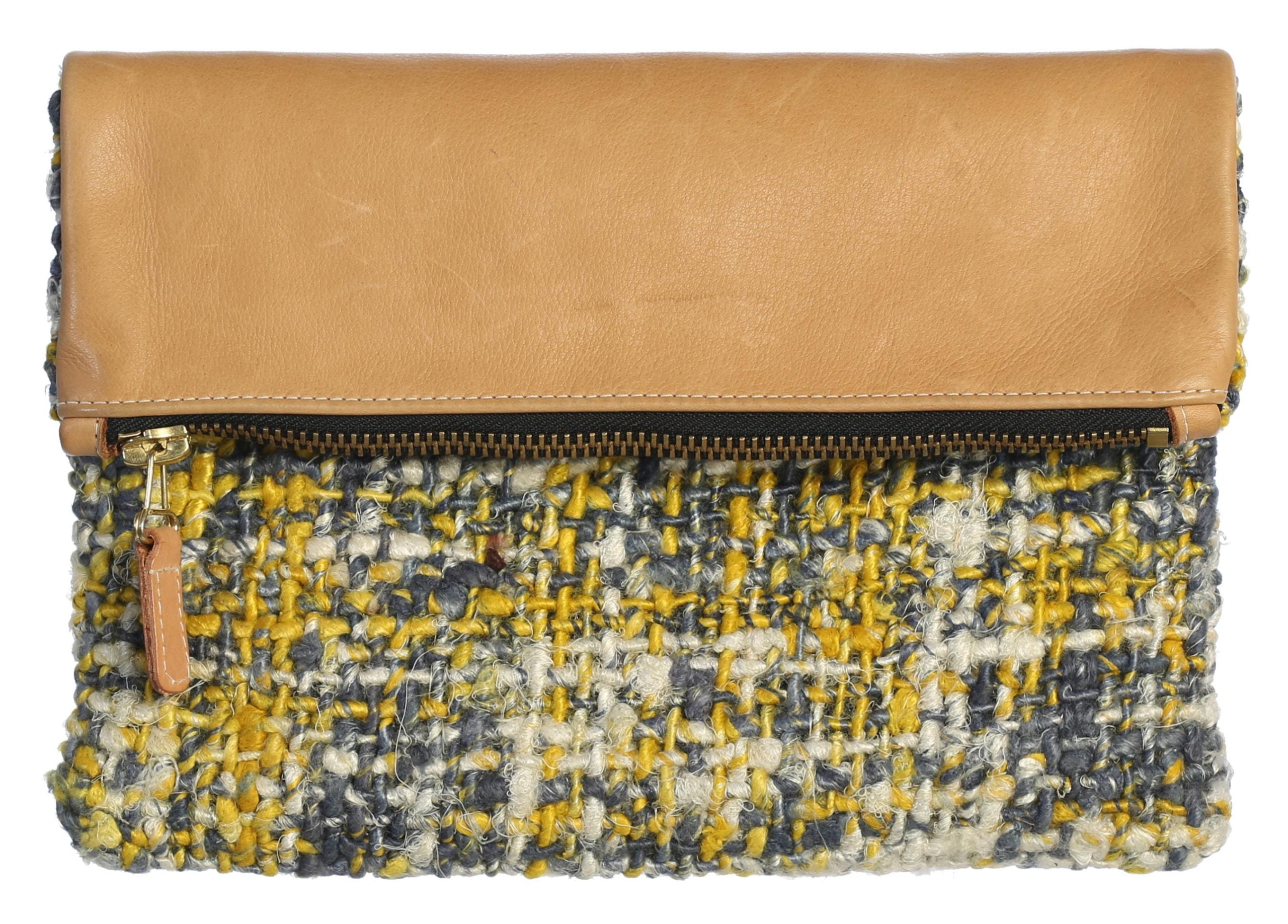 Fold Over Genuine Leather and Handwoven Boucle Clutch 