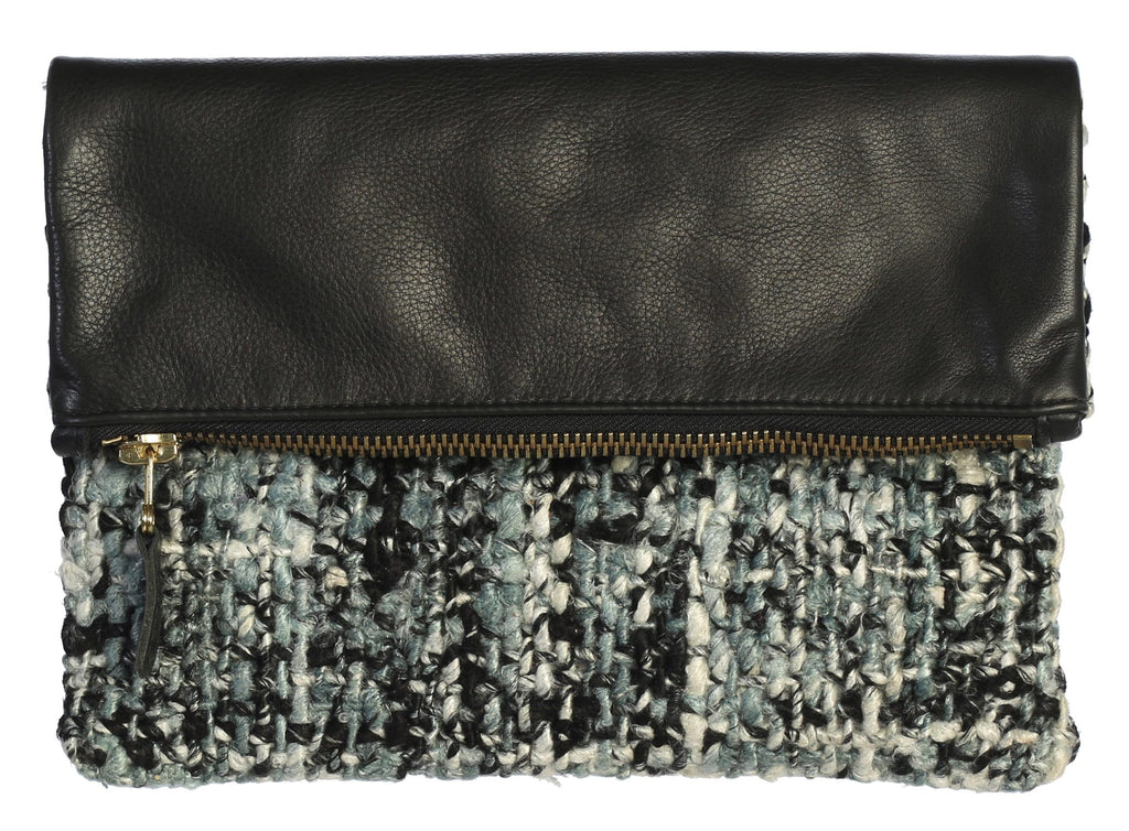 Fold Over Genuine Leather and Handwoven Boucle Clutch 