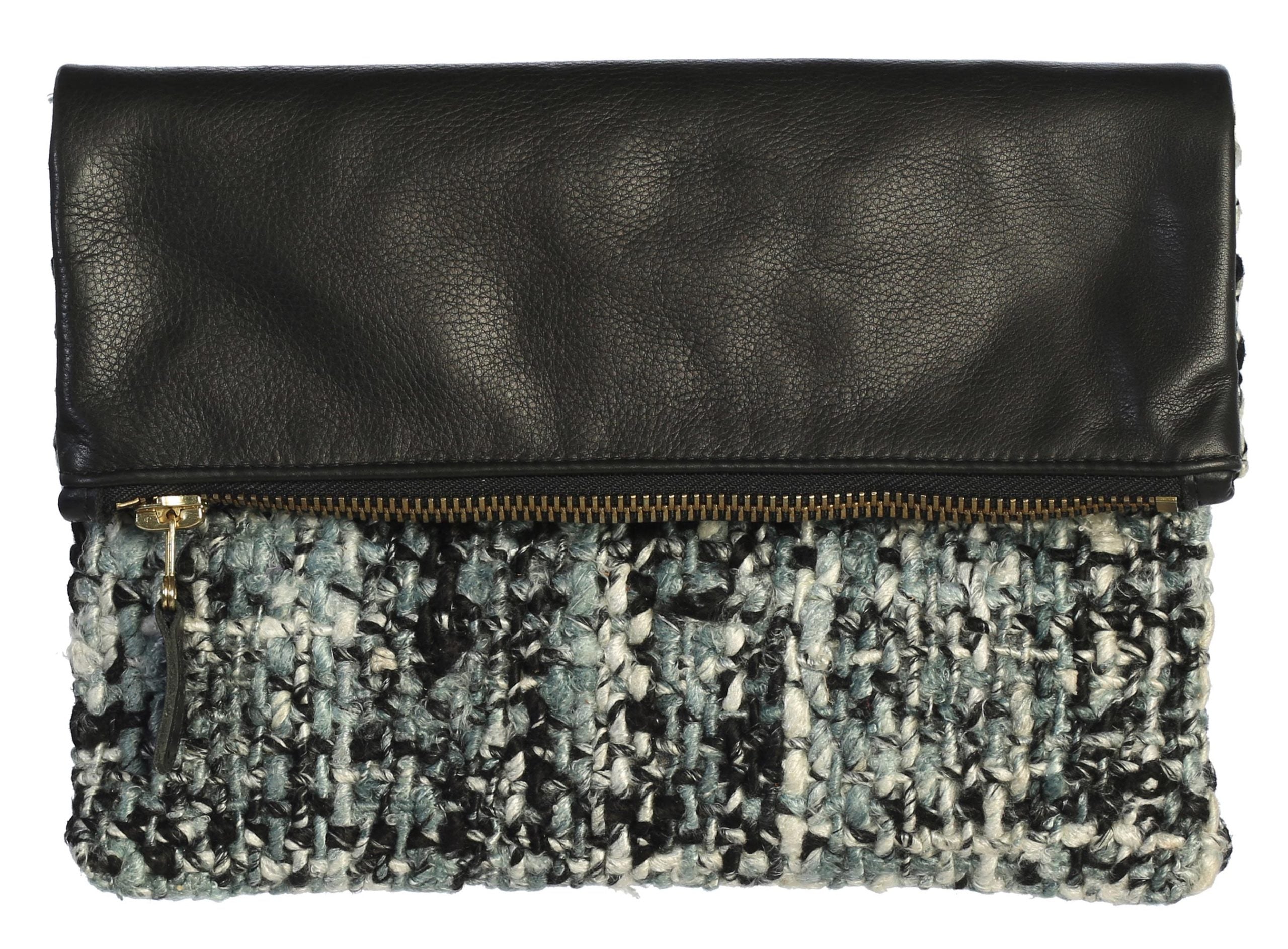 Fold Over Genuine Leather and Handwoven Boucle Clutch 