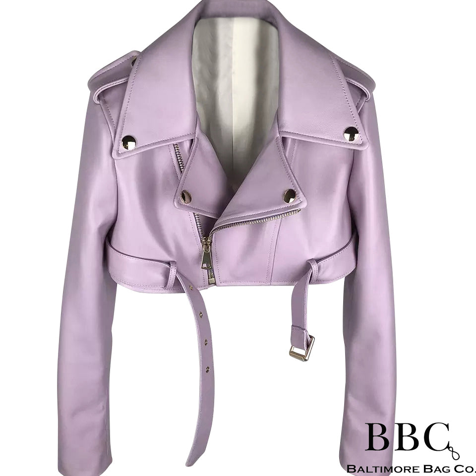 Genuine Lambskin Crop Biker Jacket w Detailed Zipper Sleeves and Front