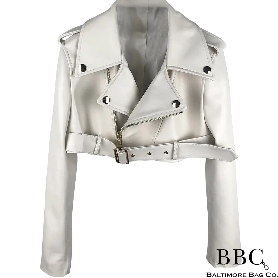Genuine Lambskin Crop Biker Jacket w Detailed Zipper Sleeves and Front