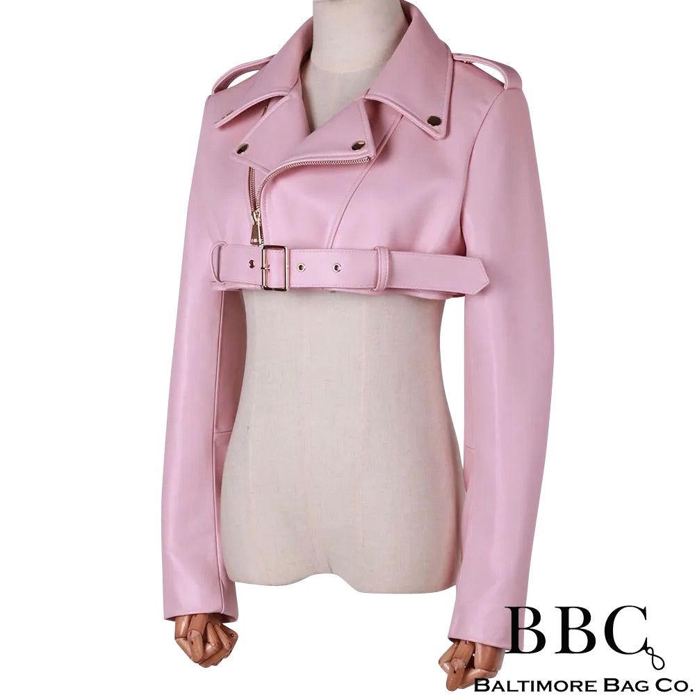 Genuine Lambskin Crop Biker Jacket w Detailed Zipper Sleeves and Front