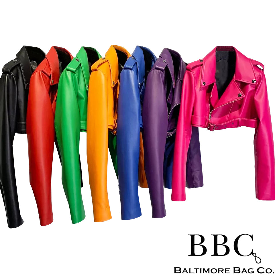 Genuine Lambskin Crop Biker Jacket w Detailed Zipper Sleeves and Front