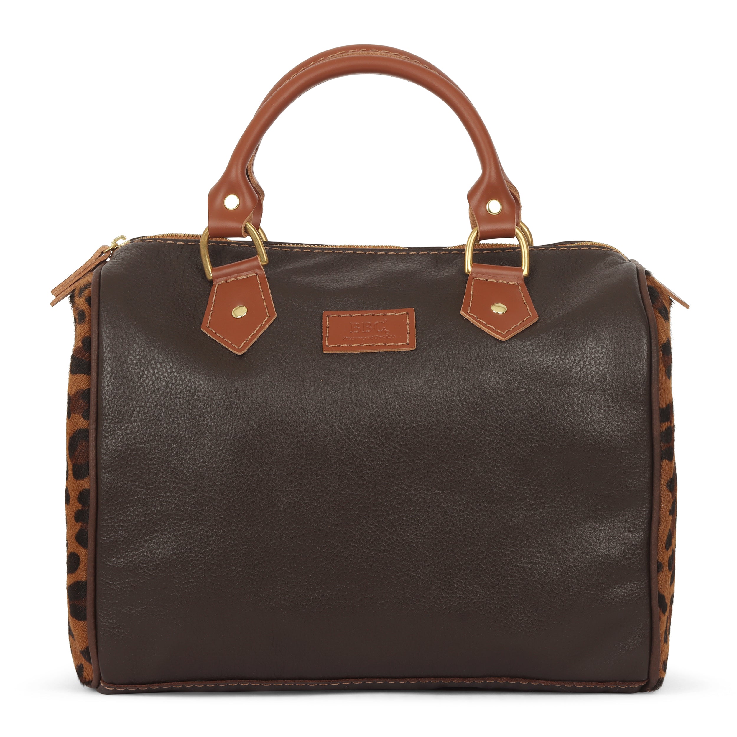 Full Grain Leather Speedy Tote Bag with Cowhide Cheetah Print Sides.