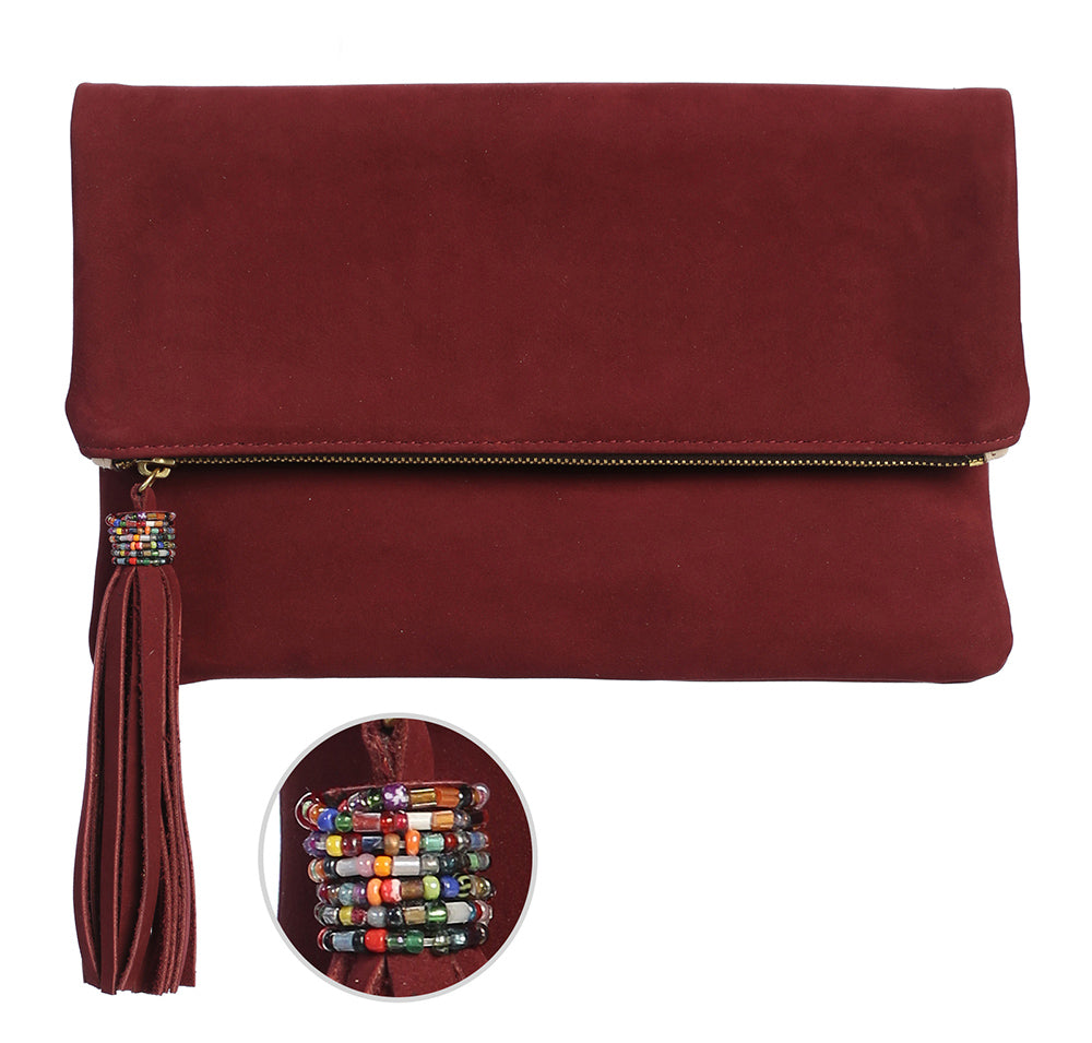FoldOver Clutch with African Multi Bead treatment on Tassel in Double Sided Cowhide Suede