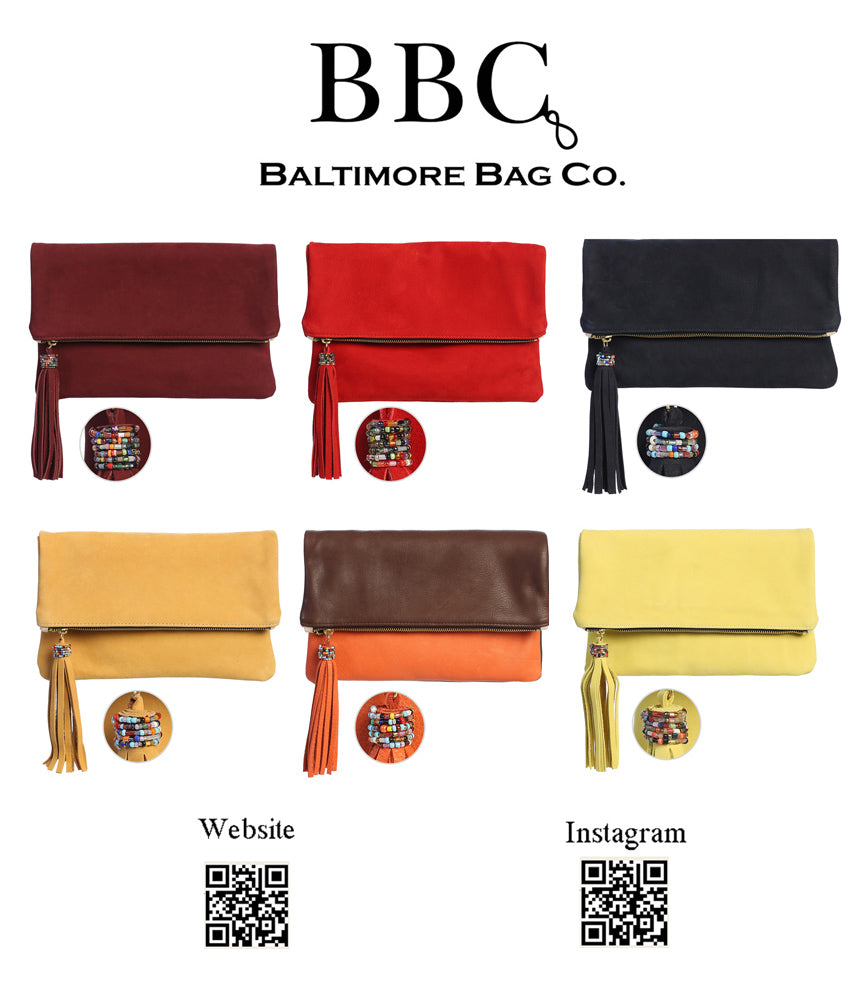 FoldOver Clutch with African Multi Bead treatment on Tassel in Double Sided Cowhide Suede