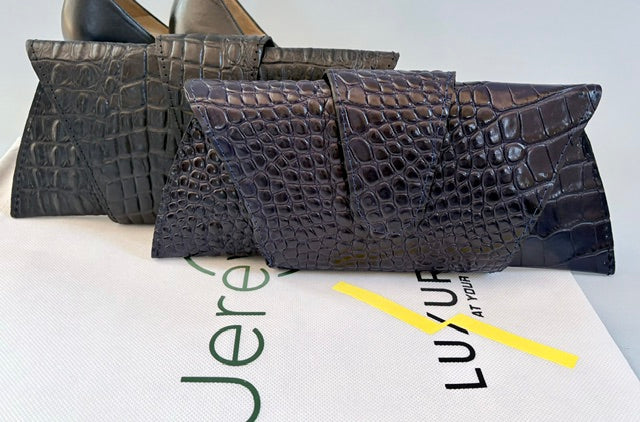 JereyO. Navy Croc-Print Wrap Clutch Bag