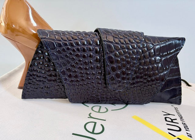 JereyO. Navy Croc-Print Wrap Clutch Bag