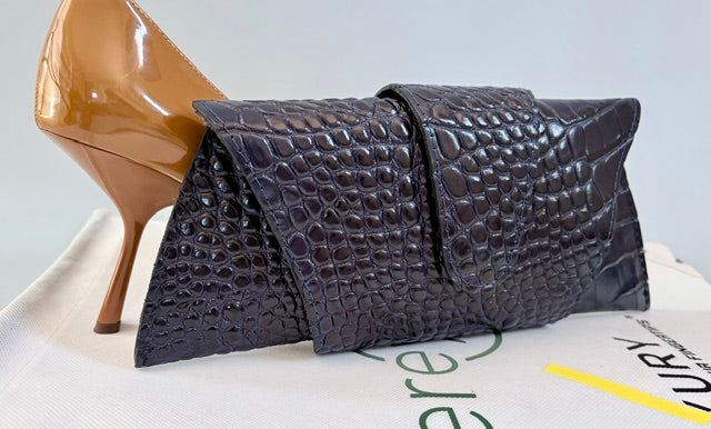 JereyO. Navy Croc-Print Wrap Clutch Bag