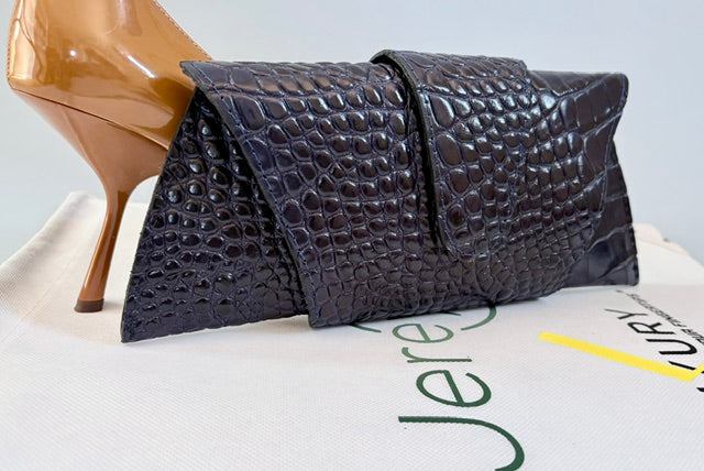 JereyO. Navy Croc-Print Wrap Clutch Bag