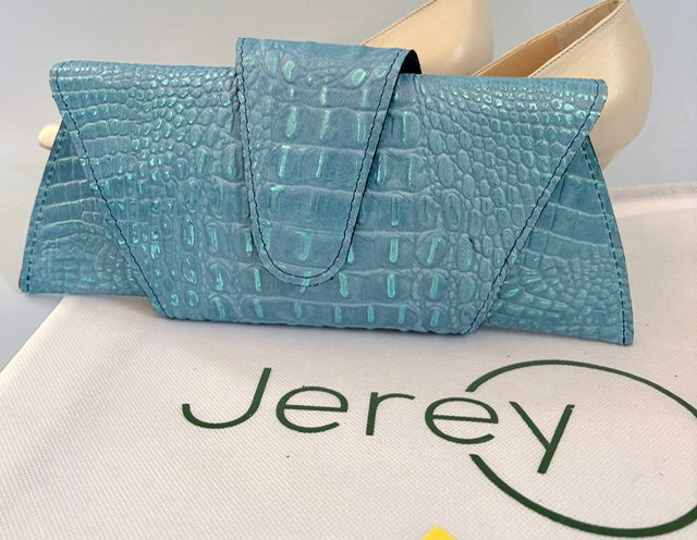 JereyO. Blue Limited Edition Croc-Print Wrap Clutch Bag
