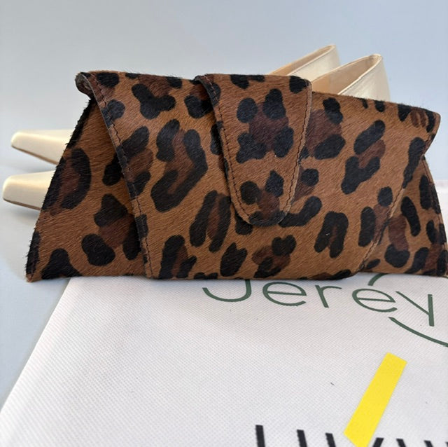 JereyO. Cheetah Print Leather Wrap Clutch Bag