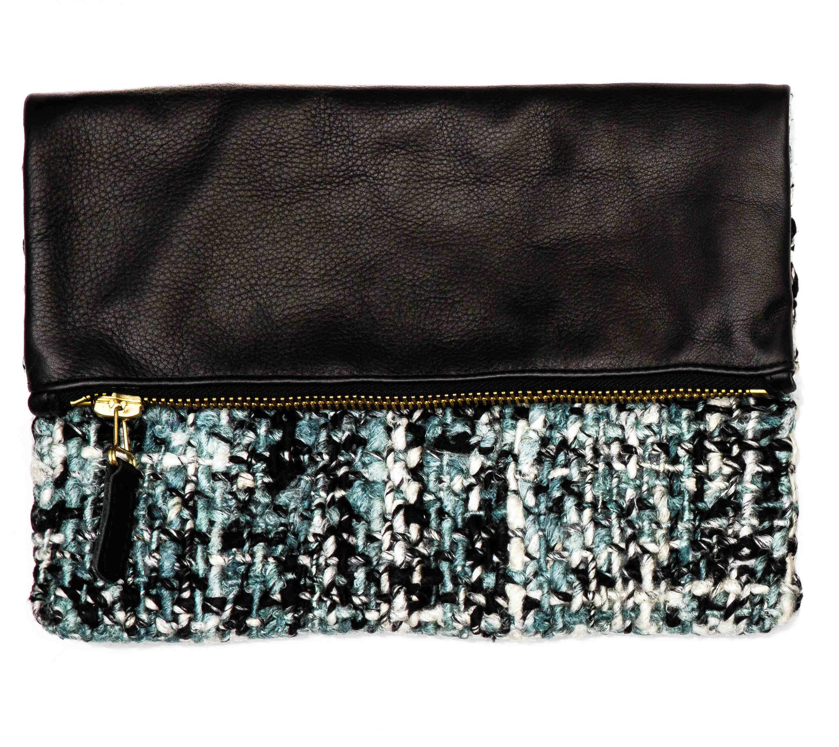 Fold Over Leather Clutch w Handwoven Yarn