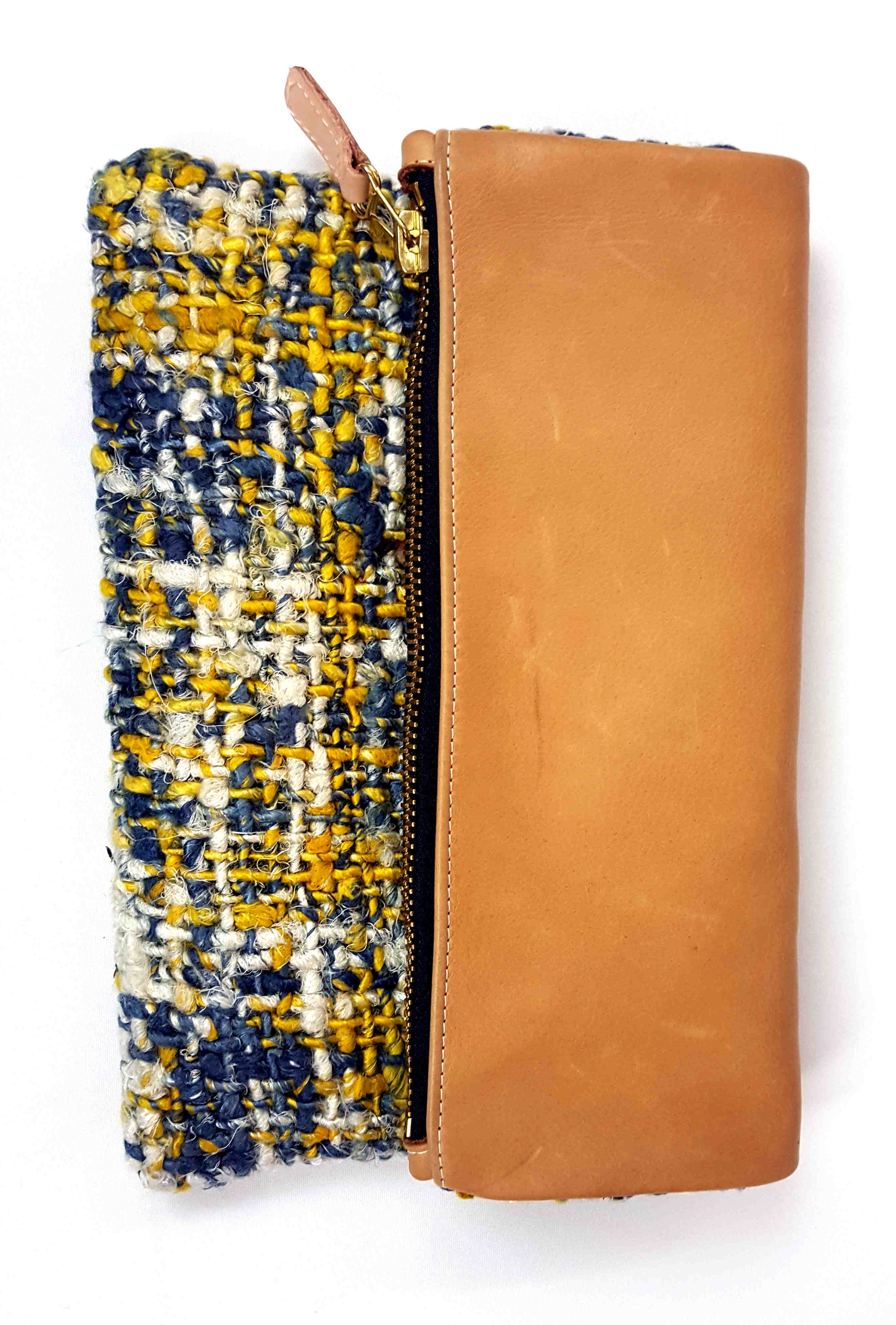 Fold Over Leather Clutch w Handwoven Yarn