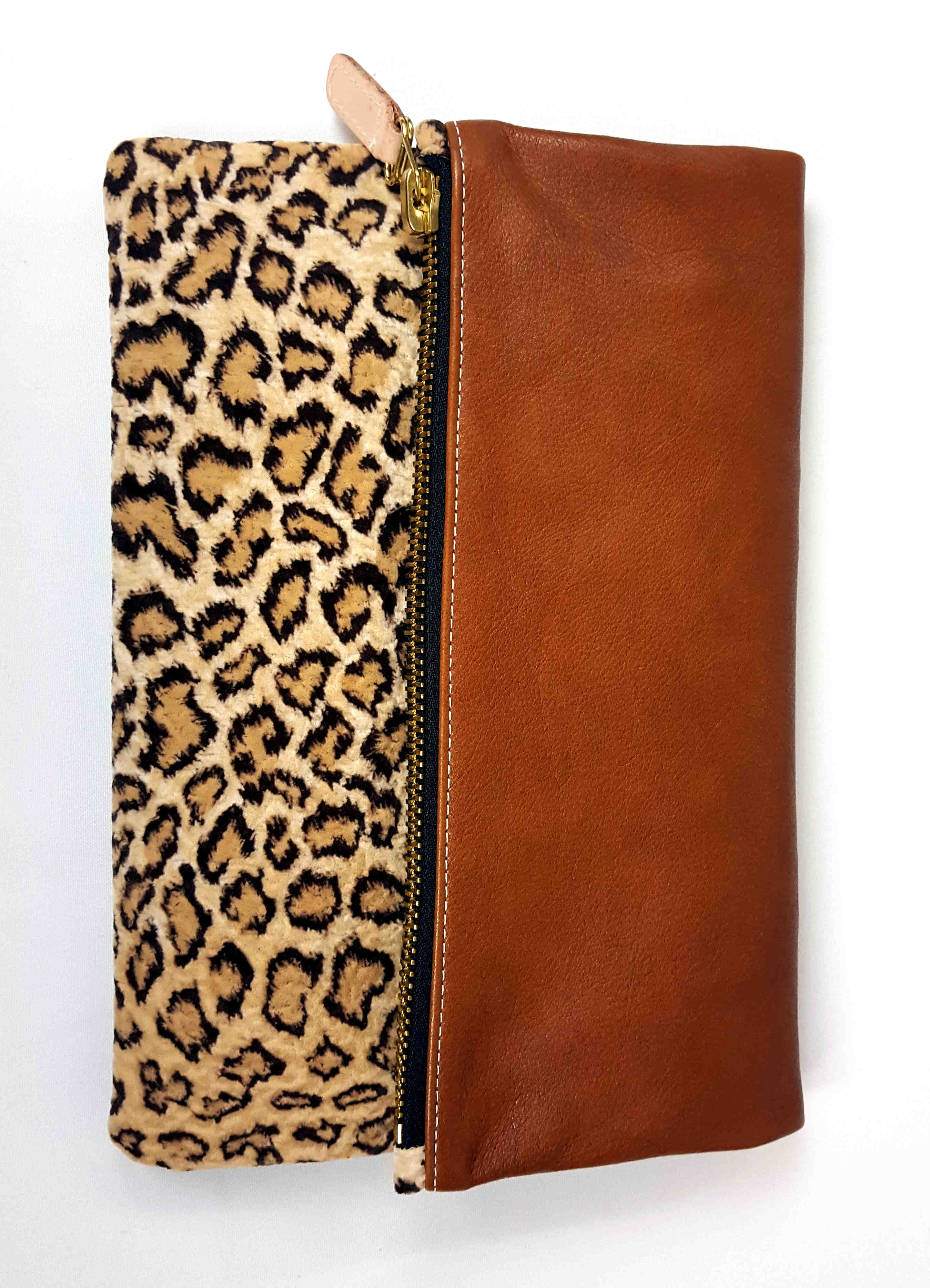 Fold Over Leather and Chenille Cheetah Print Clutch