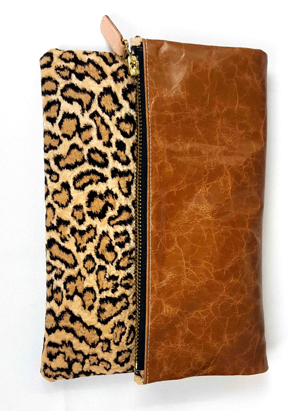 Fold Over Leather and Chenille Cheetah Print Clutch
