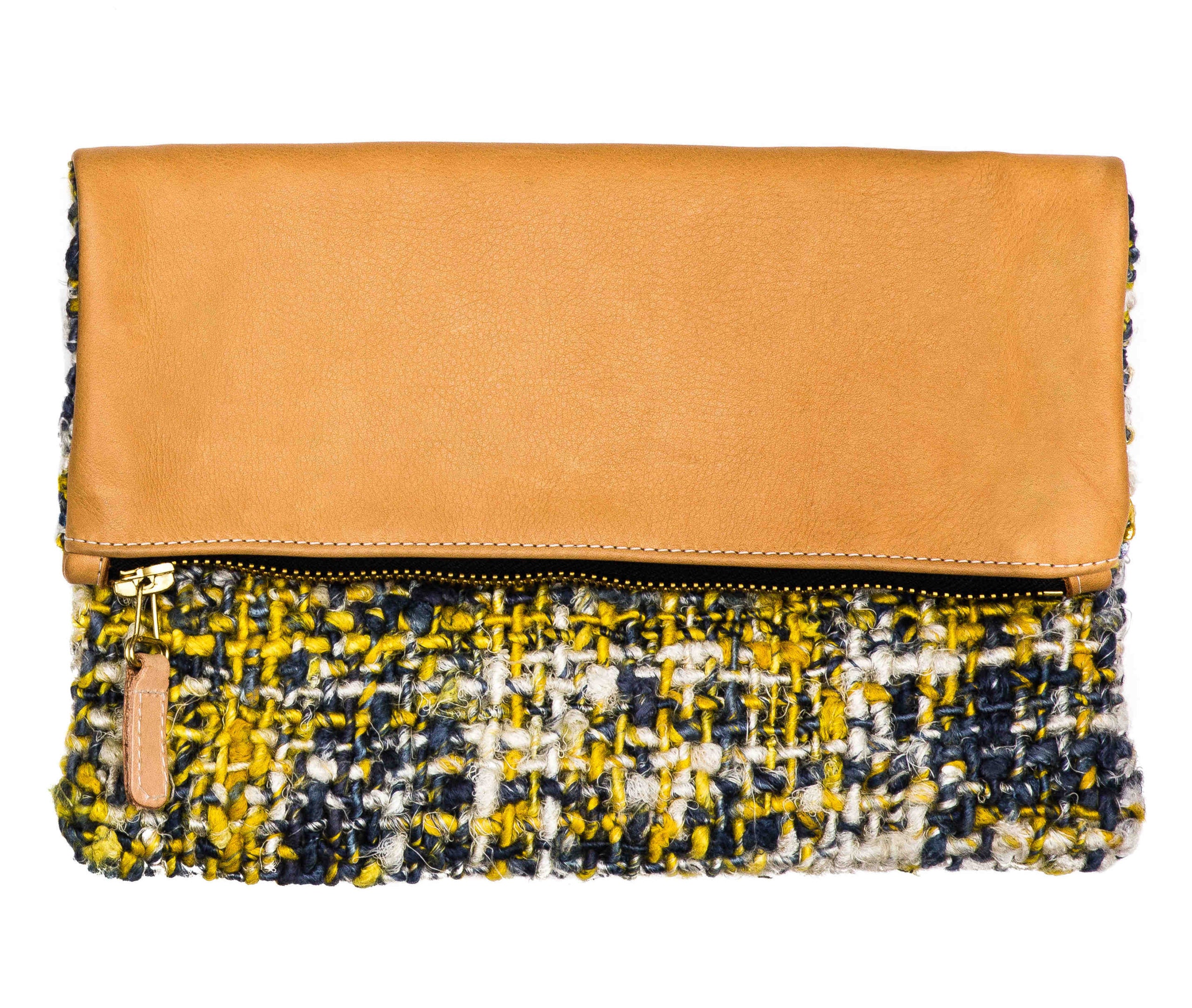 Fold Over Leather Clutch w Handwoven Yarn