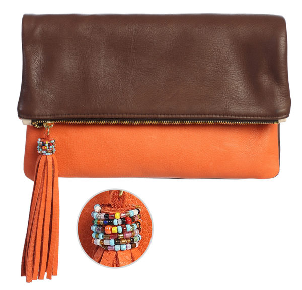 FoldOver Clutch with African Multi Bead treatment on Tassel in Brown and Orange Cowhide Leather