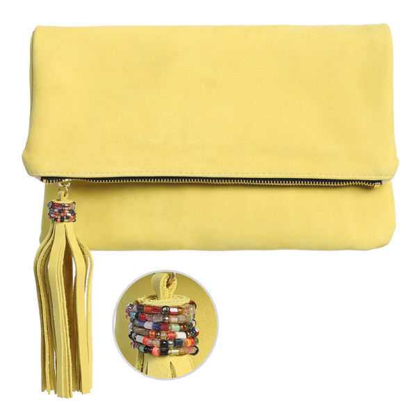 FoldOver Clutch with African Multi Bead treatment on Tassel in Double Sided Cowhide Suede
