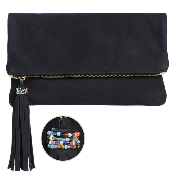 FoldOver Clutch with African Multi Bead treatment on Tassel in Double Sided Cowhide Suede