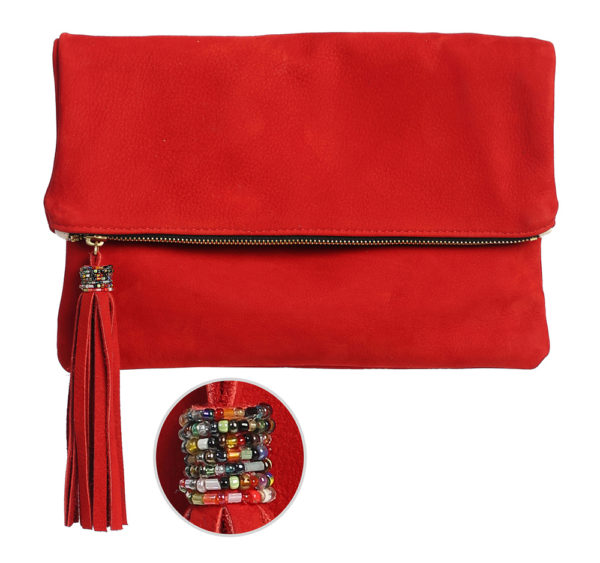 FoldOver Clutch with African Multi Bead treatment on Tassel in Double Sided Cowhide Suede