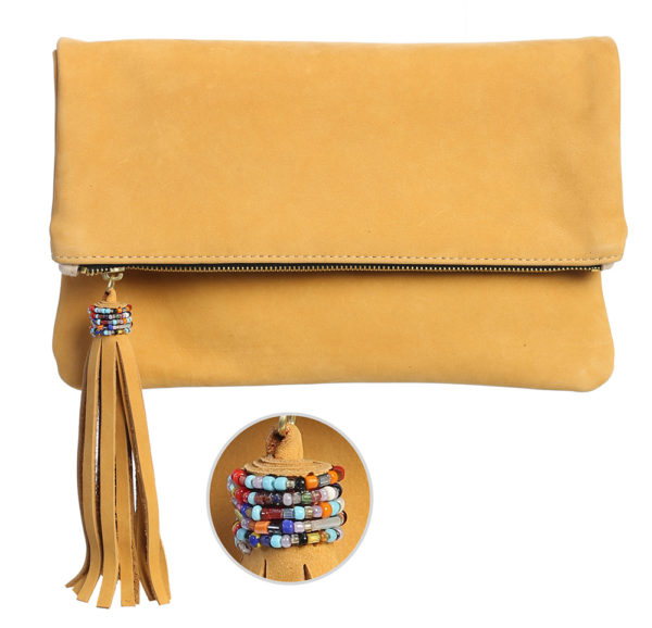 FoldOver Clutch with African Multi Bead treatment on Tassel in Double Sided Cowhide Suede