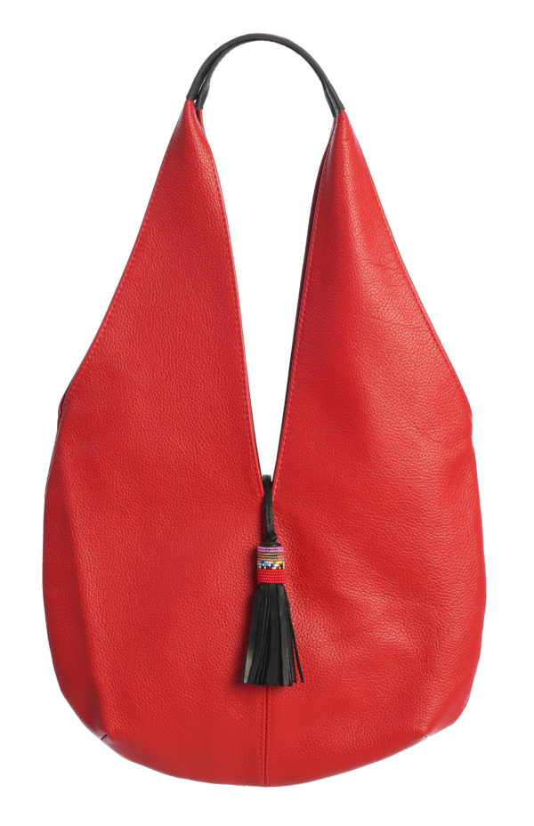 Unique Sleek Long Body Leather Tote Bag with Kenyan Beaded Tassel 