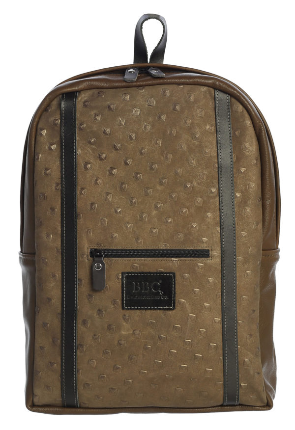 BBC Full Grain Pyramid Embossed Leather Backpack w Black Stripes and Logo