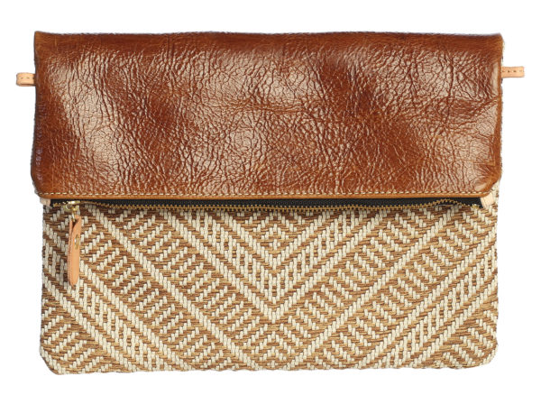 Leather Foldover Clutch w Intricate Weave Cotton Yarn