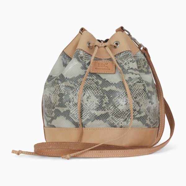 Full Grain Veg Leather and Gray Snake Print Bucket Bag