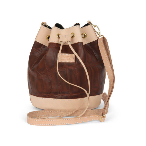 Full Grain Veg Leather and Brown Croc Print Bucket Bag