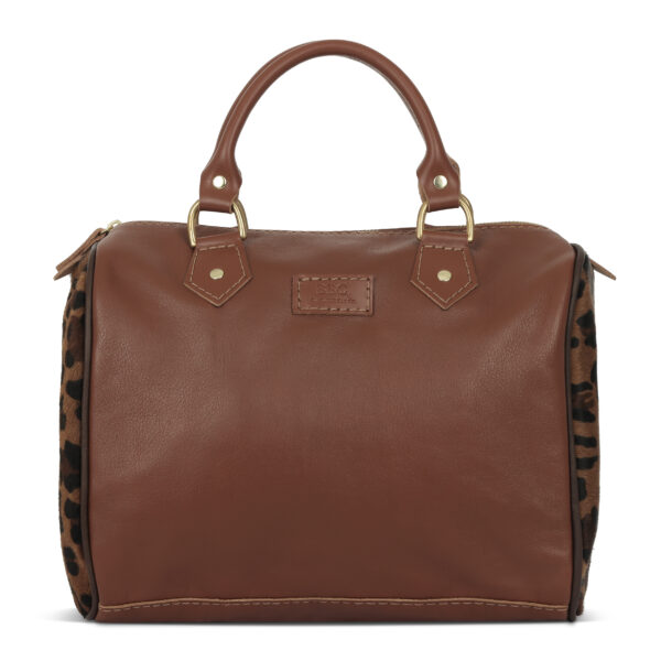 Full Grain Leather Speedy Tan Tote Bag with Cowhide Cheetah Print Sides.